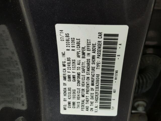 1HGCR2F33EA288048 - 2014 HONDA ACCORD LX GRAY photo 10