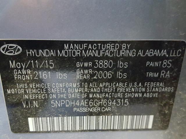 5NPDH4AE6GH694315 - 2016 HYUNDAI ELANTRA SE SILVER photo 10