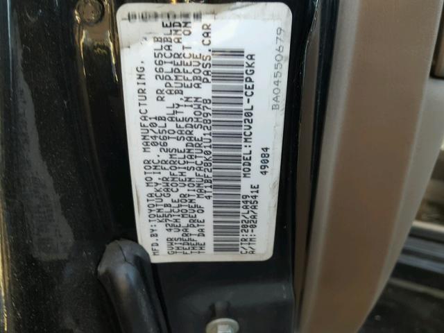 4T1BF28K01U128978 - 2001 TOYOTA CAMRY LE შავი ფოტო 10