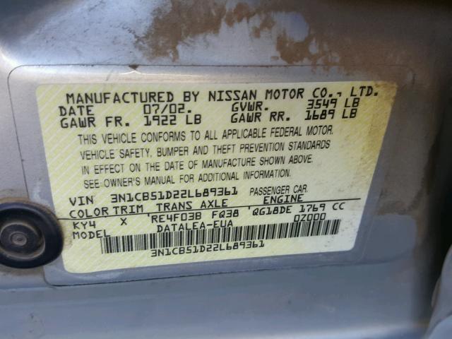 3N1CB51D22L689361 - 2002 NISSAN SENTRA XE SILVER photo 10