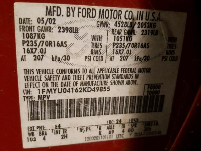 1FMYU04162KD49855 - 2002 FORD ESCAPE XLT RED photo 10