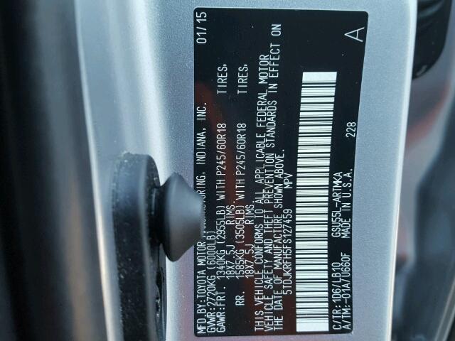 5TDJKRFH5FS127459 - 2015 TOYOTA HIGHLANDER SILVER photo 10