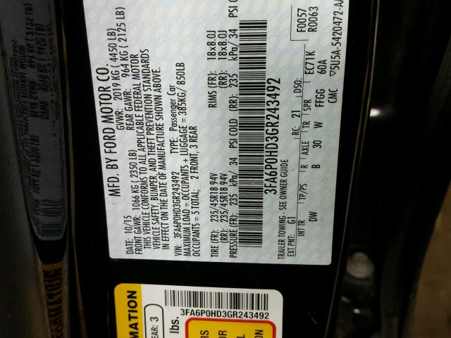 3FA6P0HD3GR243492 - 2016 FORD FUSION SE BLACK photo 10