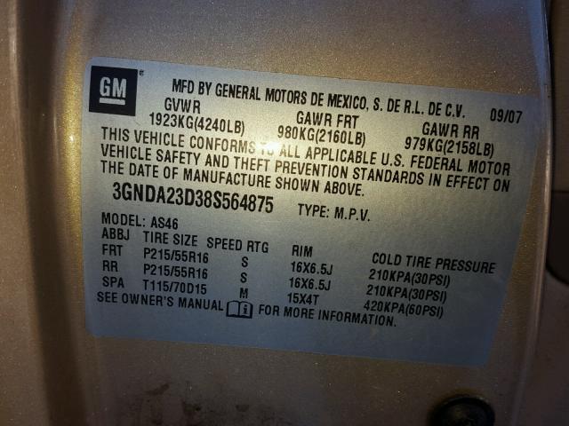 3GNDA23D38S564875 - 2008 CHEVROLET HHR LT BEIGE photo 10