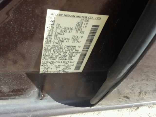 5N1BV28U77N109562 - 2007 NISSAN QUEST BROWN photo 10