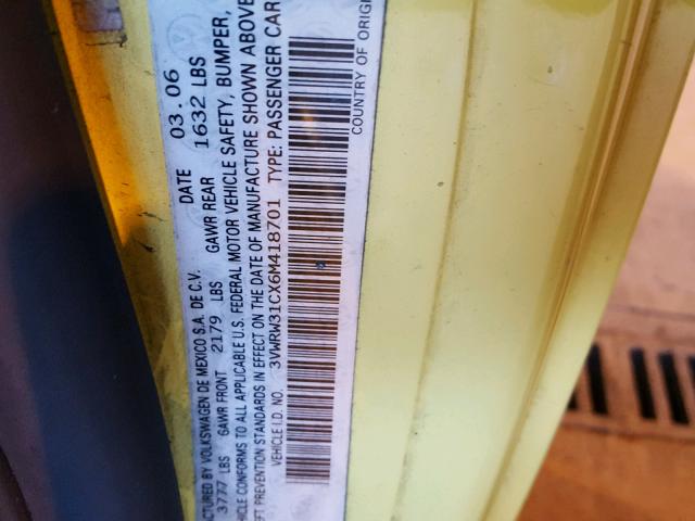 3VWRW31CX6M418701 - 2006 VOLKSWAGEN NEW BEETLE 黄色 照片 10