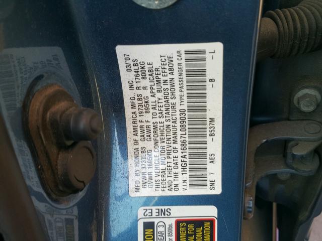 1HGFA16867L089030 - 2007 HONDA CIVIC EX BLUE photo 10