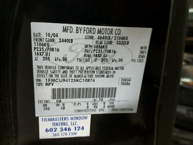 1FMCU94125KC10874 - 2005 FORD ESCAPE LIM BLACK photo 10