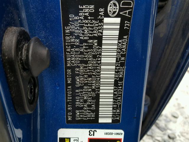 2T1BU4EE8AC442167 - 2010 TOYOTA COROLLA BA BLUE photo 10