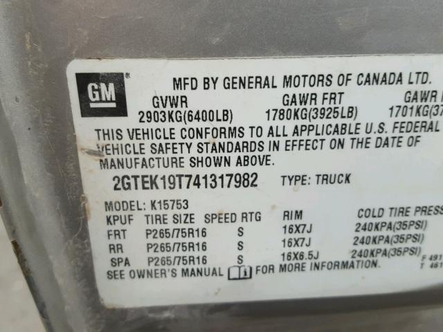 2GTEK19T741317982 - 2004 GMC NEW SIERRA SILVER photo 10