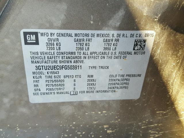 3GTU2UEC9FG503911 - 2015 GMC SIERRA K15 CHARCOAL photo 10