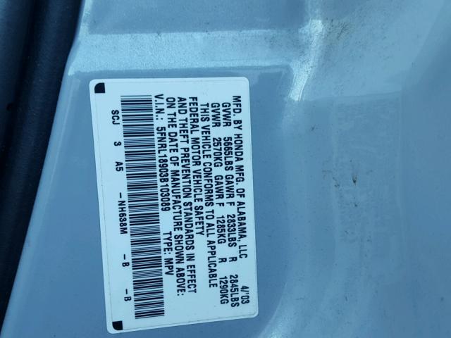 5FNRL18903B103089 - 2003 HONDA ODYSSEY EX SILVER photo 10