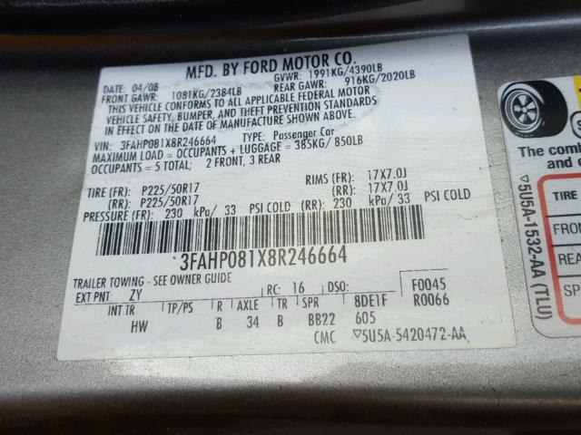 3FAHP081X8R246664 - 2008 FORD FUSION SEL GRAY photo 10