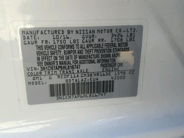 3N1CN7AP6HL816747 - 2017 NISSAN VERSA S WHITE photo 10