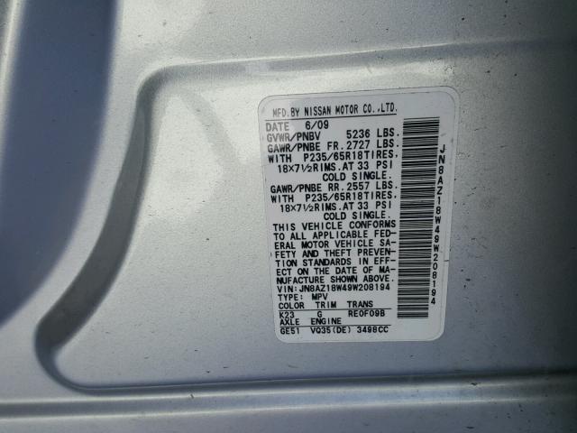 JN8AZ18W49W208194 - 2009 NISSAN MURANO S SILVER photo 10