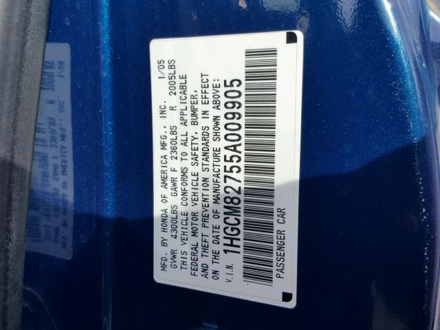 1HGCM82755A009905 - 2005 HONDA ACCORD EX BLUE photo 10