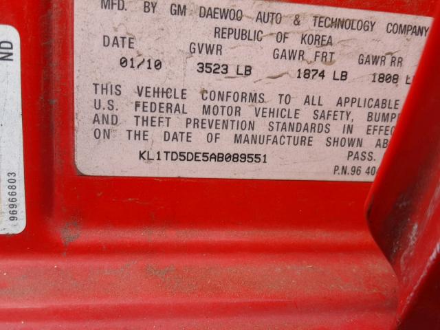 KL1TD5DE5AB089551 - 2010 CHEVROLET AVEO LS RED photo 10