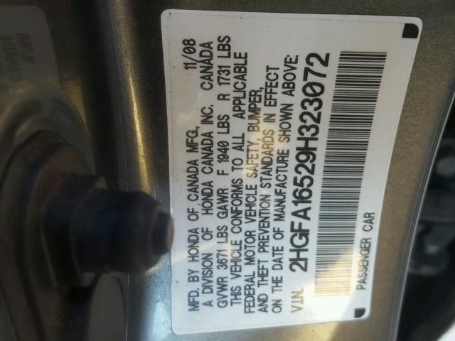 2HGFA16529H323072 - 2009 HONDA CIVIC LX GRAY photo 10