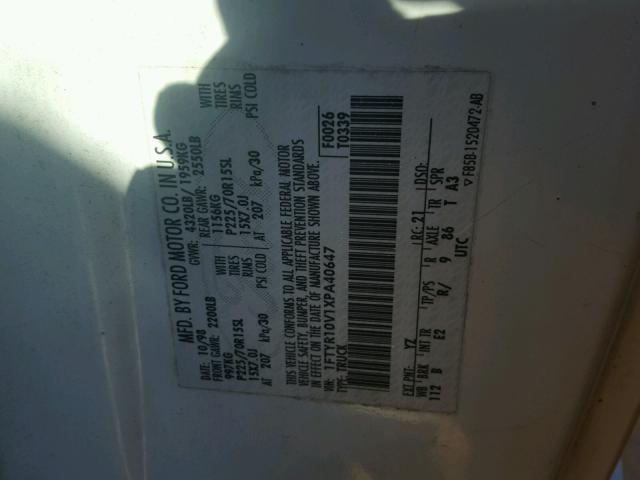 1FTYR10V1XPA40647 - 1999 FORD RANGER WHITE photo 10