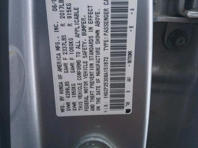 1HGCP25308A151872 - 2008 HONDA ACCORD LX SILVER photo 10