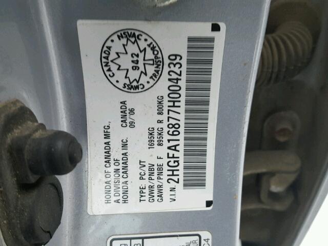 2HGFA16877H004239 - 2007 HONDA CIVIC EX SILVER photo 10