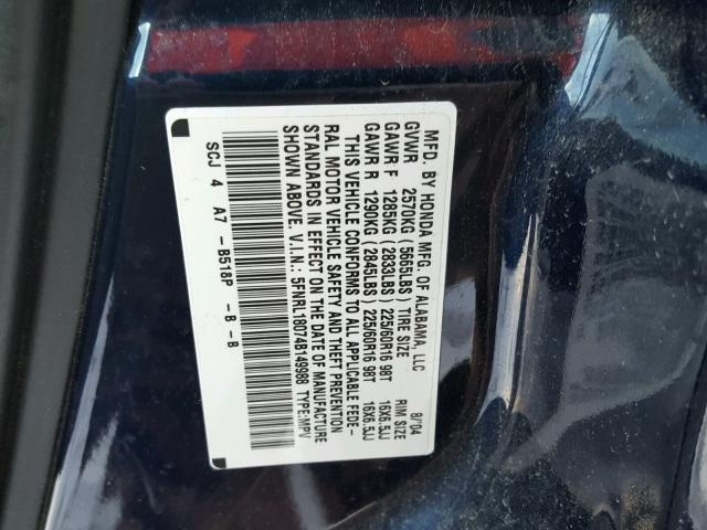 5FNRL18074B149988 - 2004 HONDA ODYSSEY EX BLUE photo 10