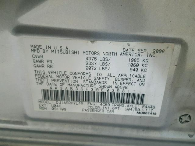 4A3AB36F39E029811 - 2009 MITSUBISHI GALANT ES SILVER photo 10