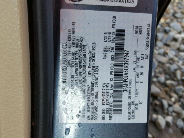 3FAHP0JA5CR397947 - 2012 FORD FUSION SEL BLUE photo 10