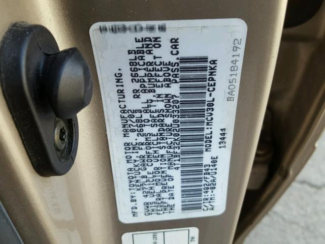 4T1BF32K02U033207 - 2002 TOYOTA CAMRY LE ოქროსფერი ფოტო 10