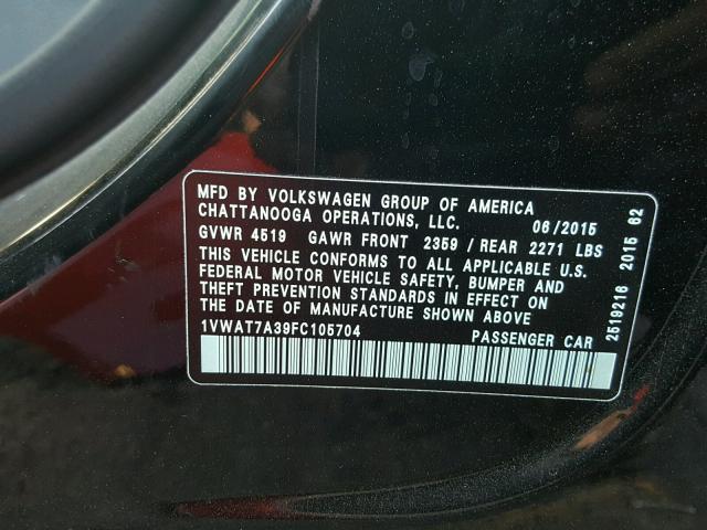 1VWAT7A39FC105704 - 2015 VOLKSWAGEN PASSAT S BLACK photo 10