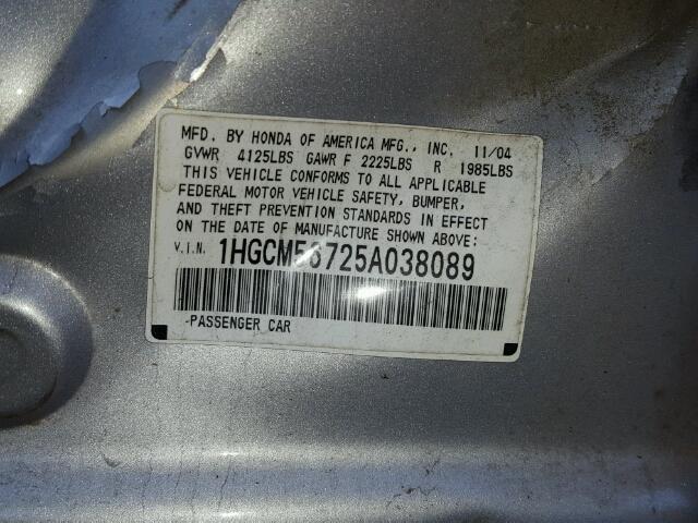 1HGCM56725A038089 - 2005 HONDA ACCORD EX SILVER photo 10