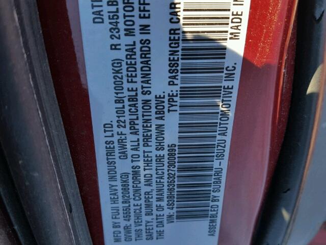 4S3BH635327300895 - 2002 SUBARU LEGACY L RED photo 10