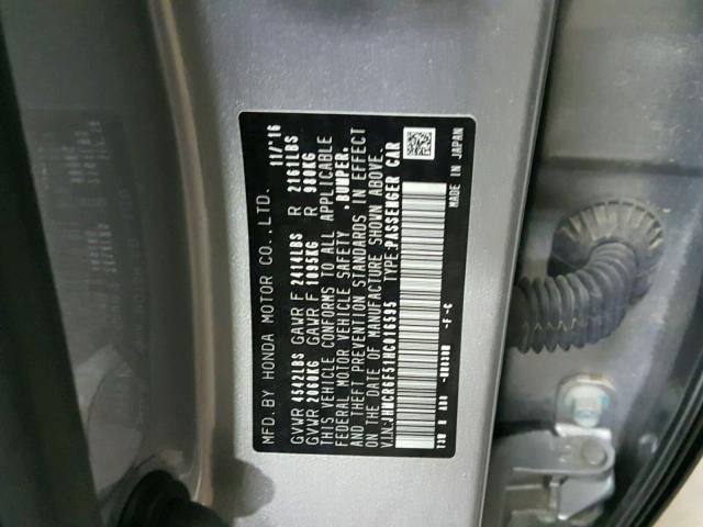 JHMCR6F51HC016595 - 2017 HONDA ACCORD HYB SILVER photo 10