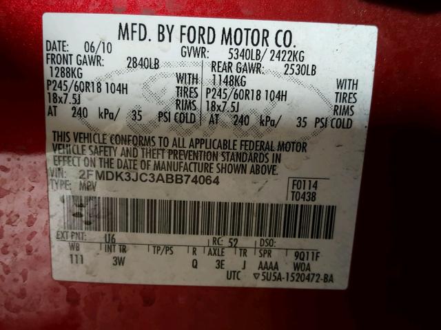 2FMDK3JC3ABB74064 - 2010 FORD EDGE SEL RED photo 10