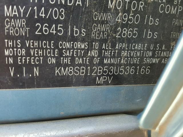 KM8SB12B53U536166 - 2003 HYUNDAI SANTA FE G BLUE photo 10