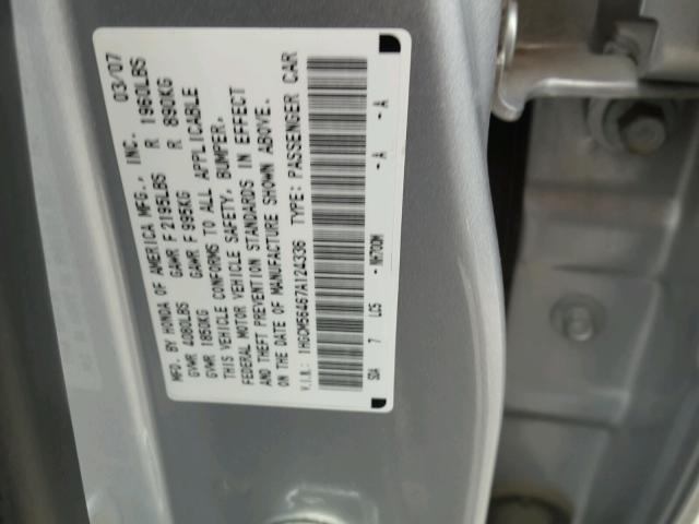 1HGCM56467A124336 - 2007 HONDA ACCORD LX SILVER photo 10