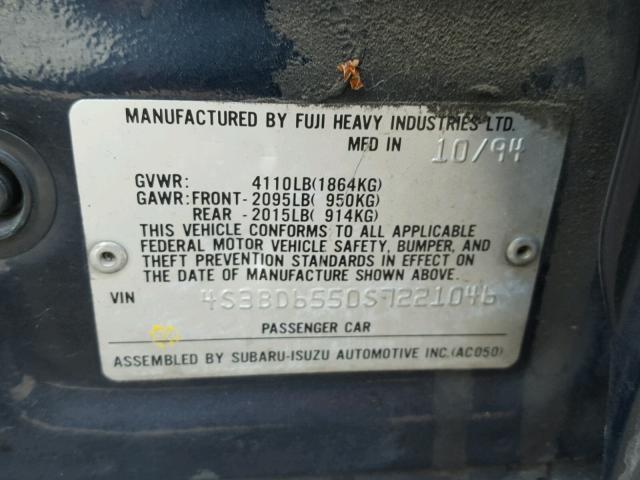 4S3BD6550S7221046 - 1995 SUBARU LEGACY LS BLUE photo 10