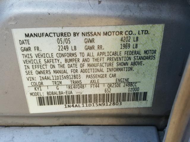 1N4AL11D15N912803 - 2005 NISSAN ALTIMA S SILVER photo 10