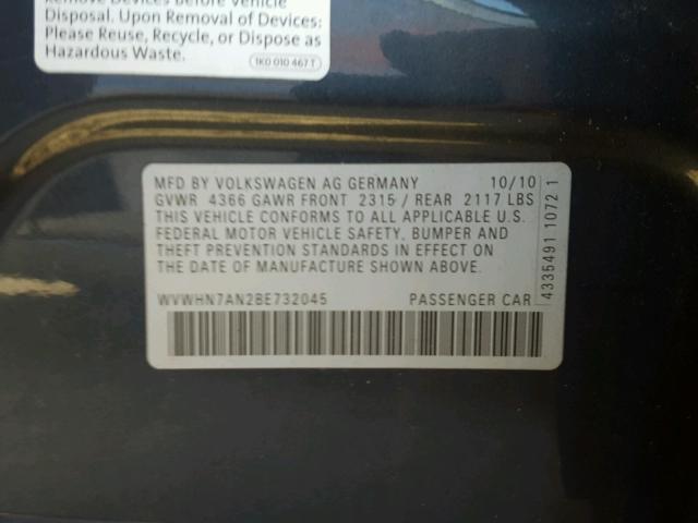 WVWHN7AN2BE732045 - 2011 VOLKSWAGEN CC LUXURY GRAY photo 10