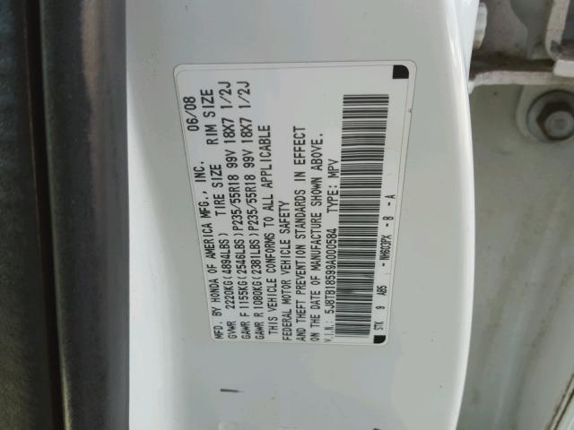 5J8TB18599A000584 - 2009 ACURA RDX TECHNO WHITE photo 10