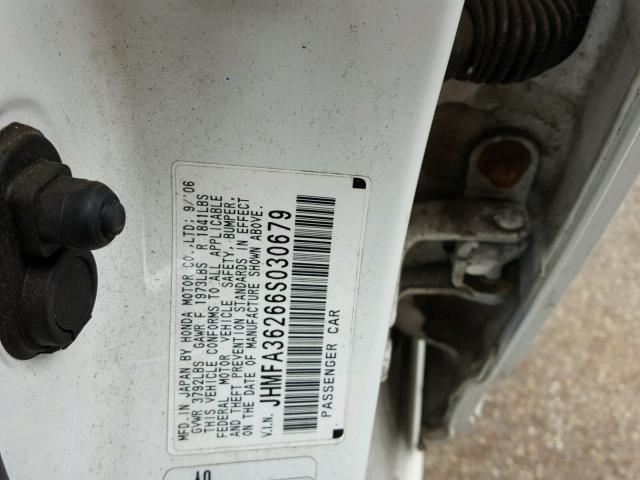 JHMFA36266S030679 - 2006 HONDA CIVIC HYBR WHITE photo 10