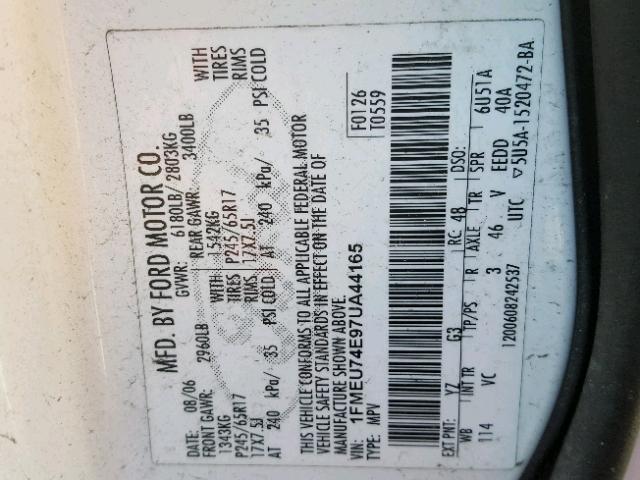 1FMEU74E97UA44165 - 2007 FORD EXPLORER E WHITE photo 10