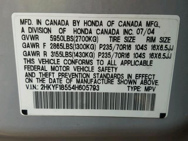 2HKYF18554H605793 - 2004 HONDA PILOT EXL SILVER photo 10