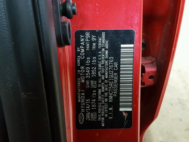 KMHCT5AE1GU276763 - 2016 HYUNDAI ACCENT SE RED photo 10