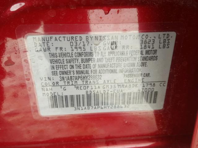 3N1AB7AP6HY288632 - 2017 NISSAN SENTRA S RED photo 10