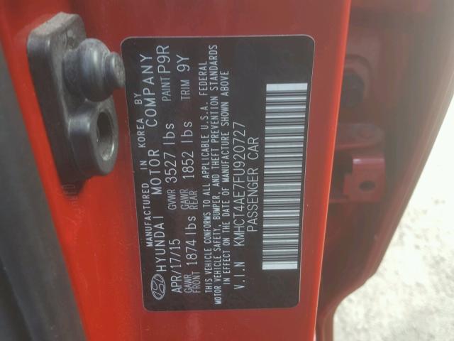 KMHCT4AE7FU920727 - 2015 HYUNDAI ACCENT GLS RED photo 10