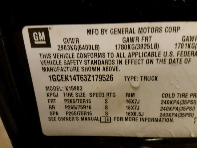 1GCEK14T63Z179526 - 2003 CHEVROLET SILVERADO CHARCOAL photo 10