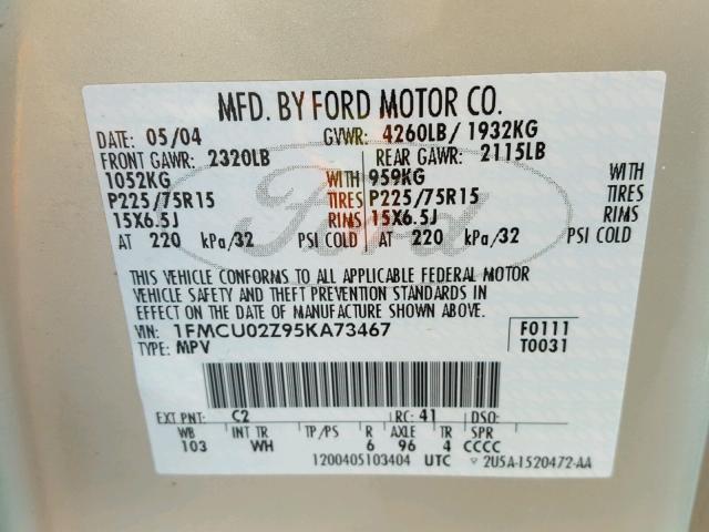 1FMCU02Z95KA73467 - 2005 FORD ESCAPE XLS Gri fotoğraf 10