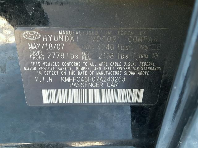 KMHFC46F07A243263 - 2007 HYUNDAI AZERA SE BLACK photo 10