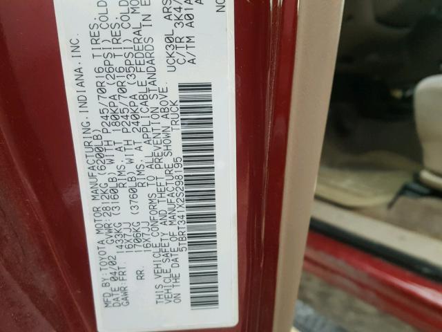 5TBRT341X2S298195 - 2002 TOYOTA TUNDRA ACC RED photo 10